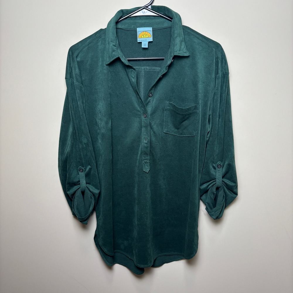 C&C California Teal Velour Collar Half Button Tunic Top Shirt Womens Size XS
